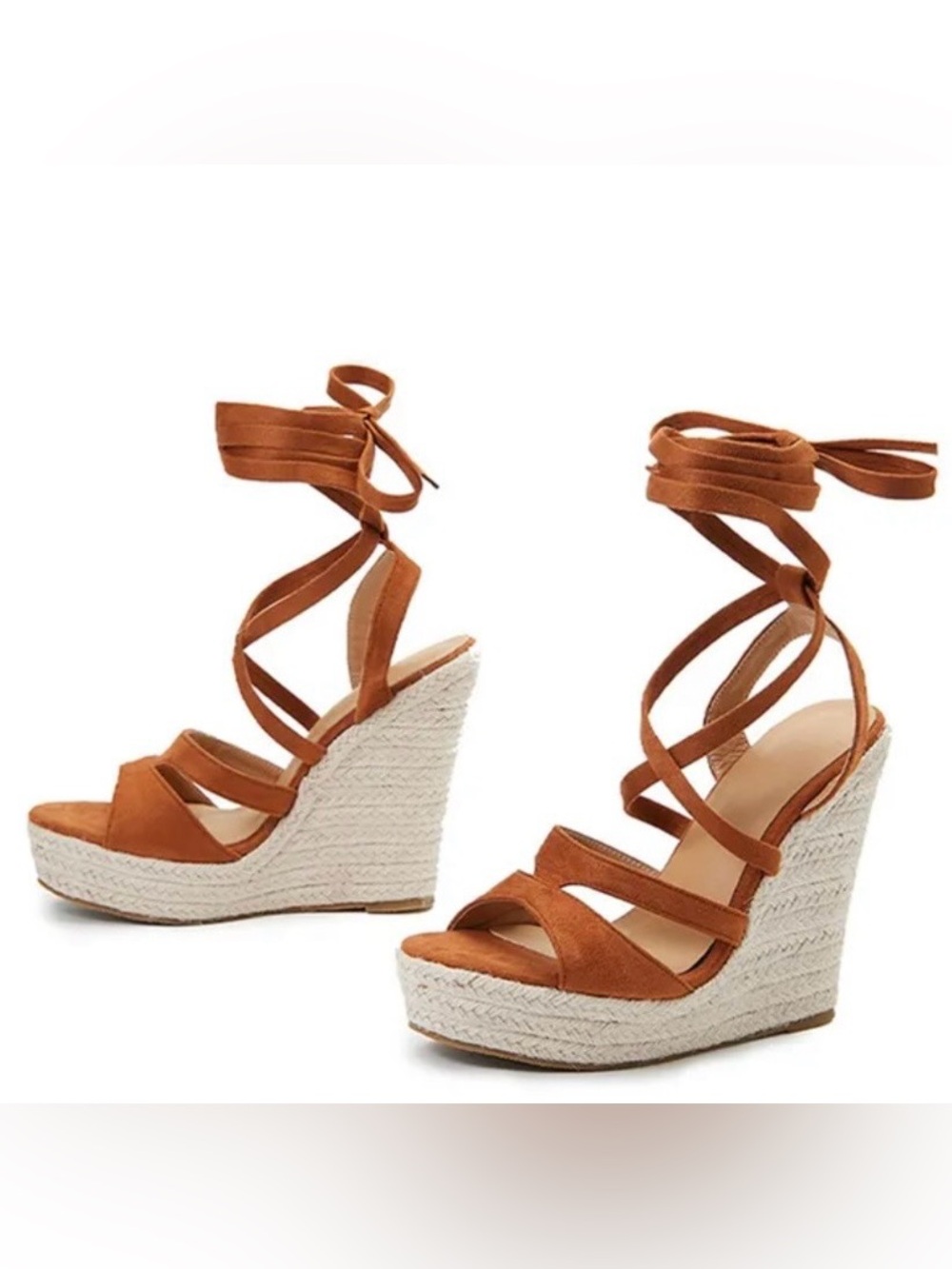 Tan Lace-Up Wedge Sandals